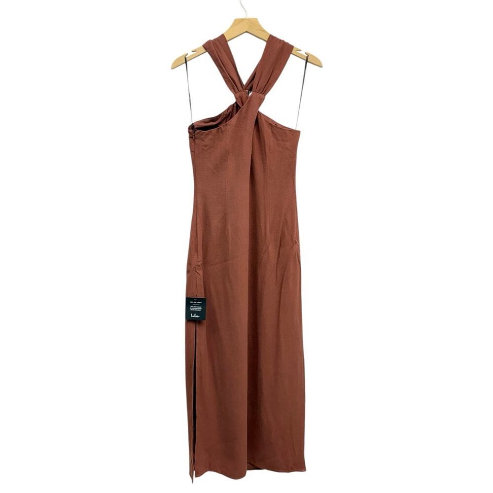 Lulus Calessia Rust Brown Linen Halter Neck Midi Dress size Medium NWT - Picture 3 of 6